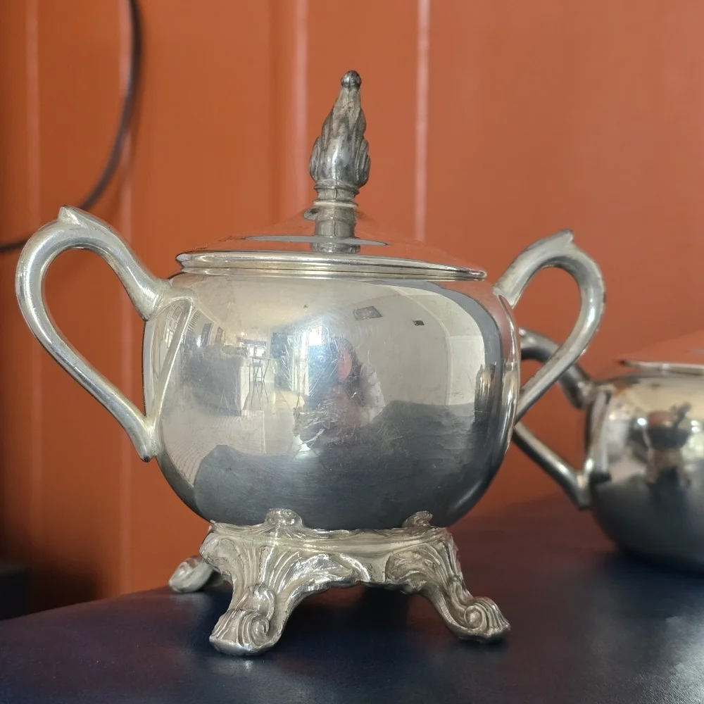 Silver Plated Sugar, Creamer and Covered Dish Set - Silver